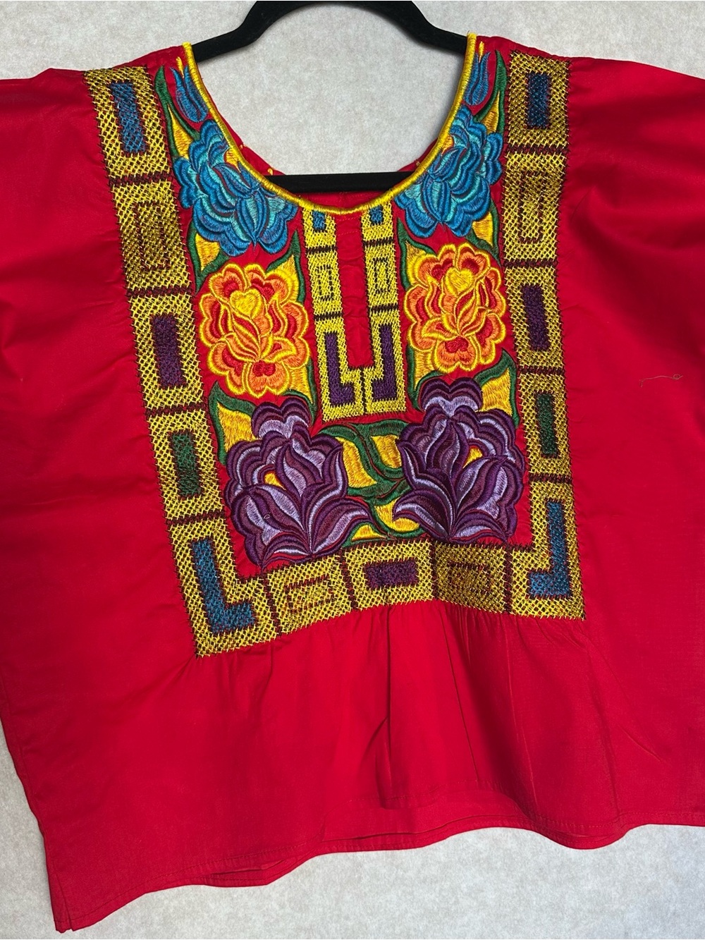 Embroidered Women’s Shirt Size L Red Handmade Traditional Oaxacan Huipil